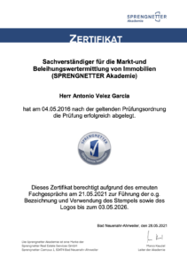 Certificado de tasador de valor de mercado e hipotecario (Sprengnetter Akademie), entrevista técnica 21.05.2021, válido hasta 03.05.2026