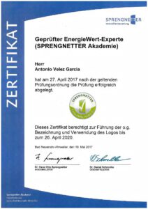 Zertifikat Geprüfter EnergieWert-Experte (Sprengnetter Akademie)