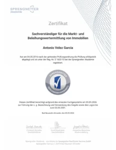 Certificado de tasador para valor de mercado e hipotecario de inmuebles (Sprengnetter Akademie), n.º de registro S 1603-10, válido hasta el 03.05.2031